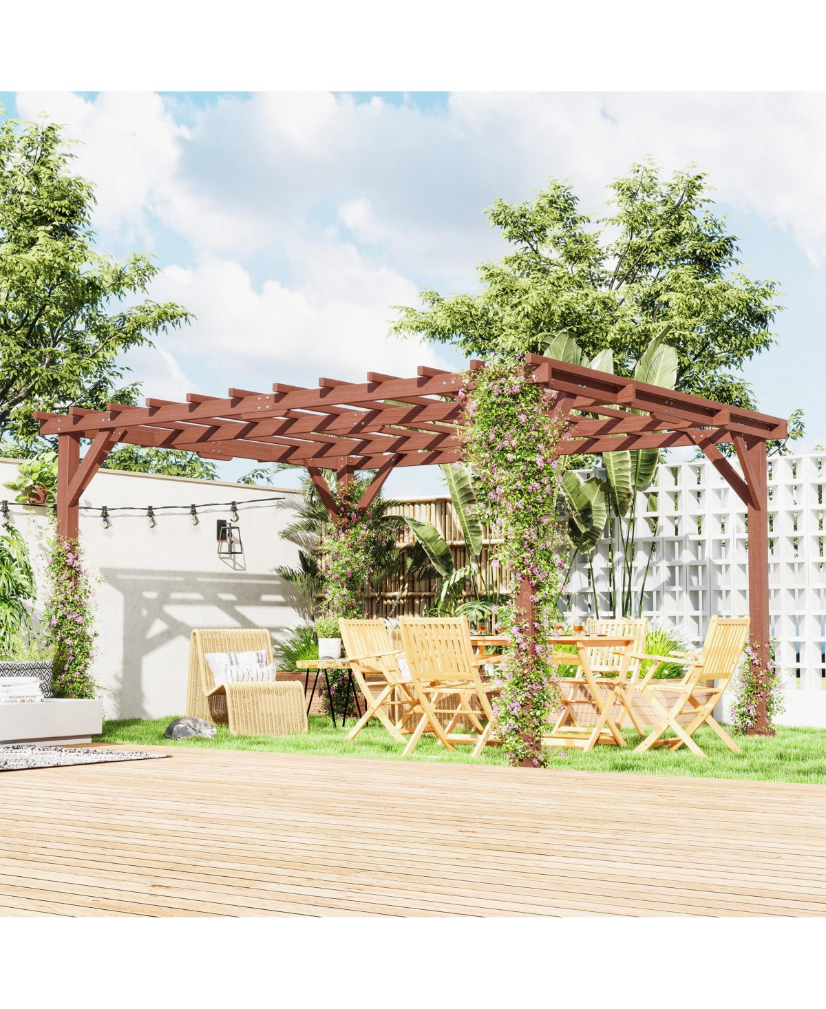 11' x 12.5' Outdoor Wood Pergola with Grape Trellis, - Brown