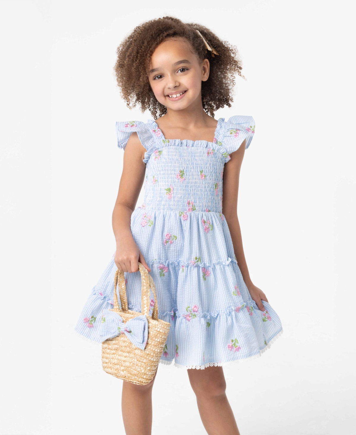 Shop Rare Editions Little And Toddler Girls 2-piece Floral Schiffli Seersucker Dress With Bag Set In Periwinkle