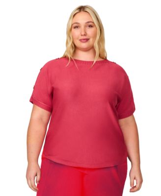 Plus Size  Zigzag-Trim Button-Shoulder Sweater, Exclusively at Macy's