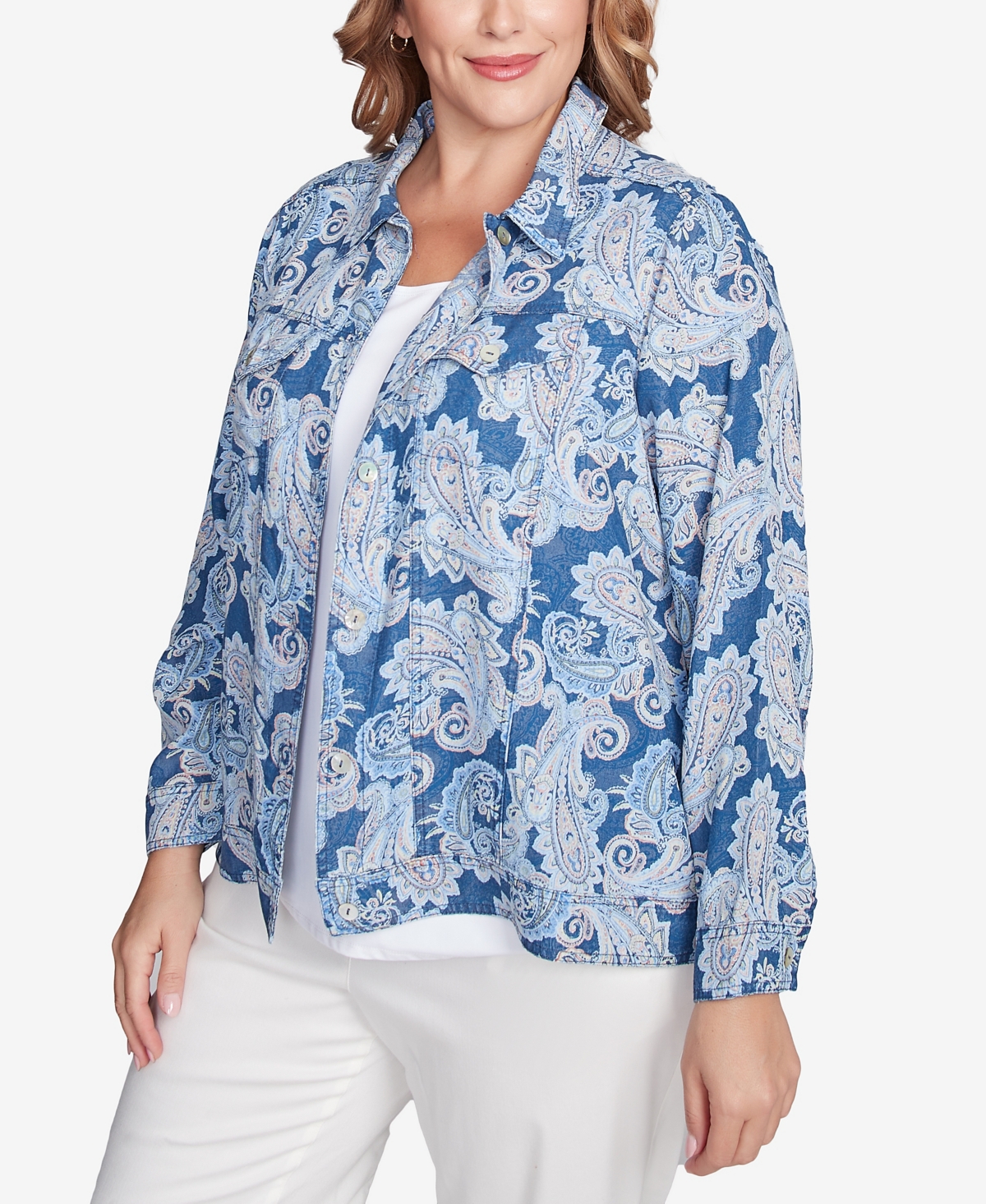 Ruby Rd. Petite Baroque Paisley Soft Button Long Sleeve Jacket In Dark Chambray Multi