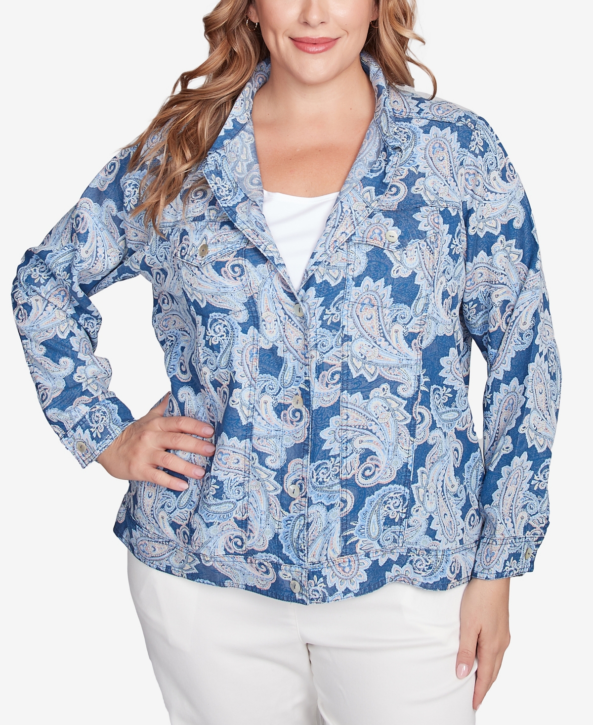 Plus Size Baroque Paisley Soft Button Collared Jacket - Dark Chambray Multi