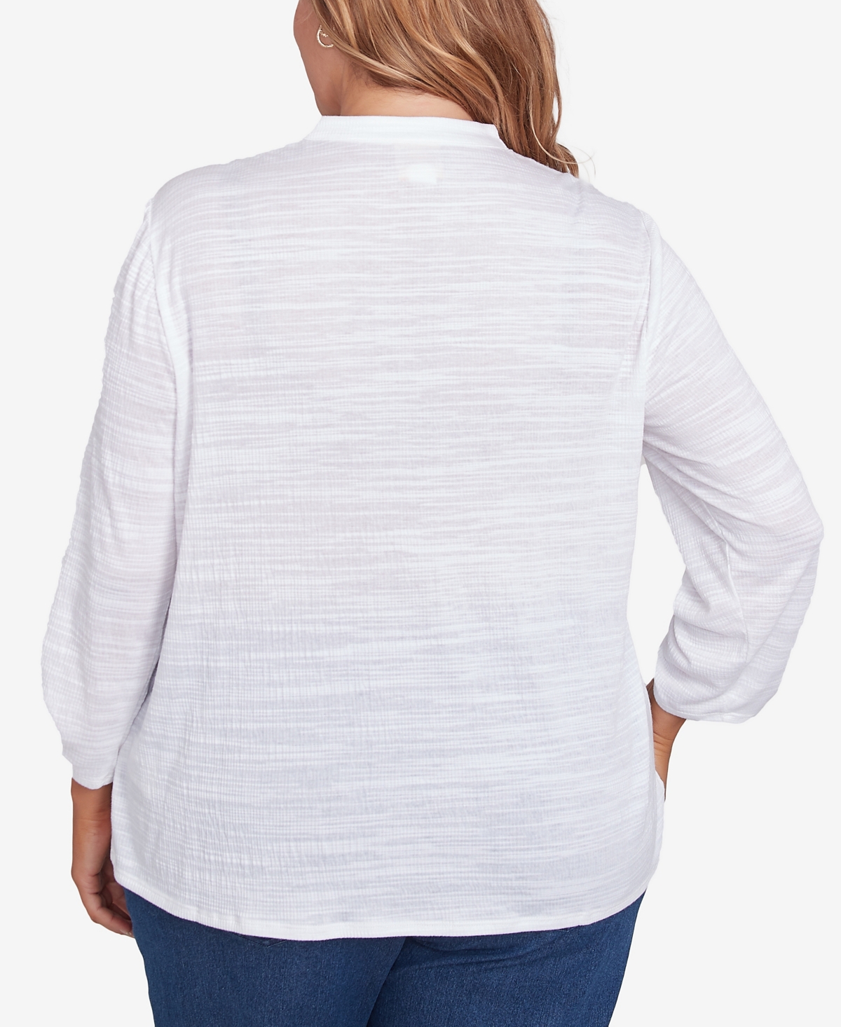 Ruby Rd. Plus Size Soft Relaxed Textured V-neck Trim Top In White