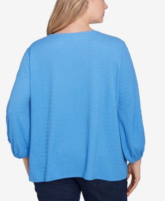 Plus Size Solid Textured Eyelet 3/4 Sleeve Top
