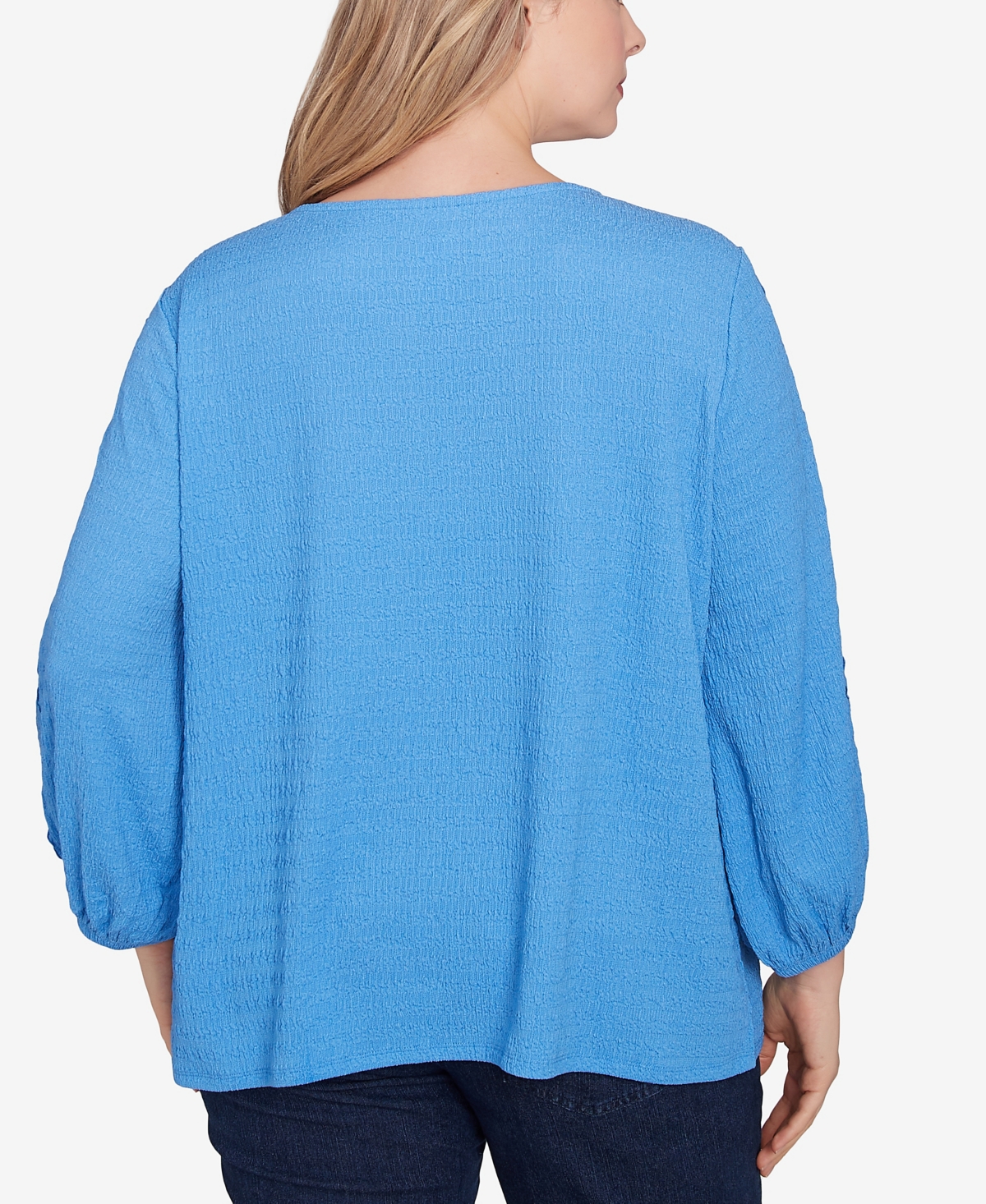Ruby Rd. Plus Size Solid Textured Eyelet 3/4 Sleeve Top In Blue