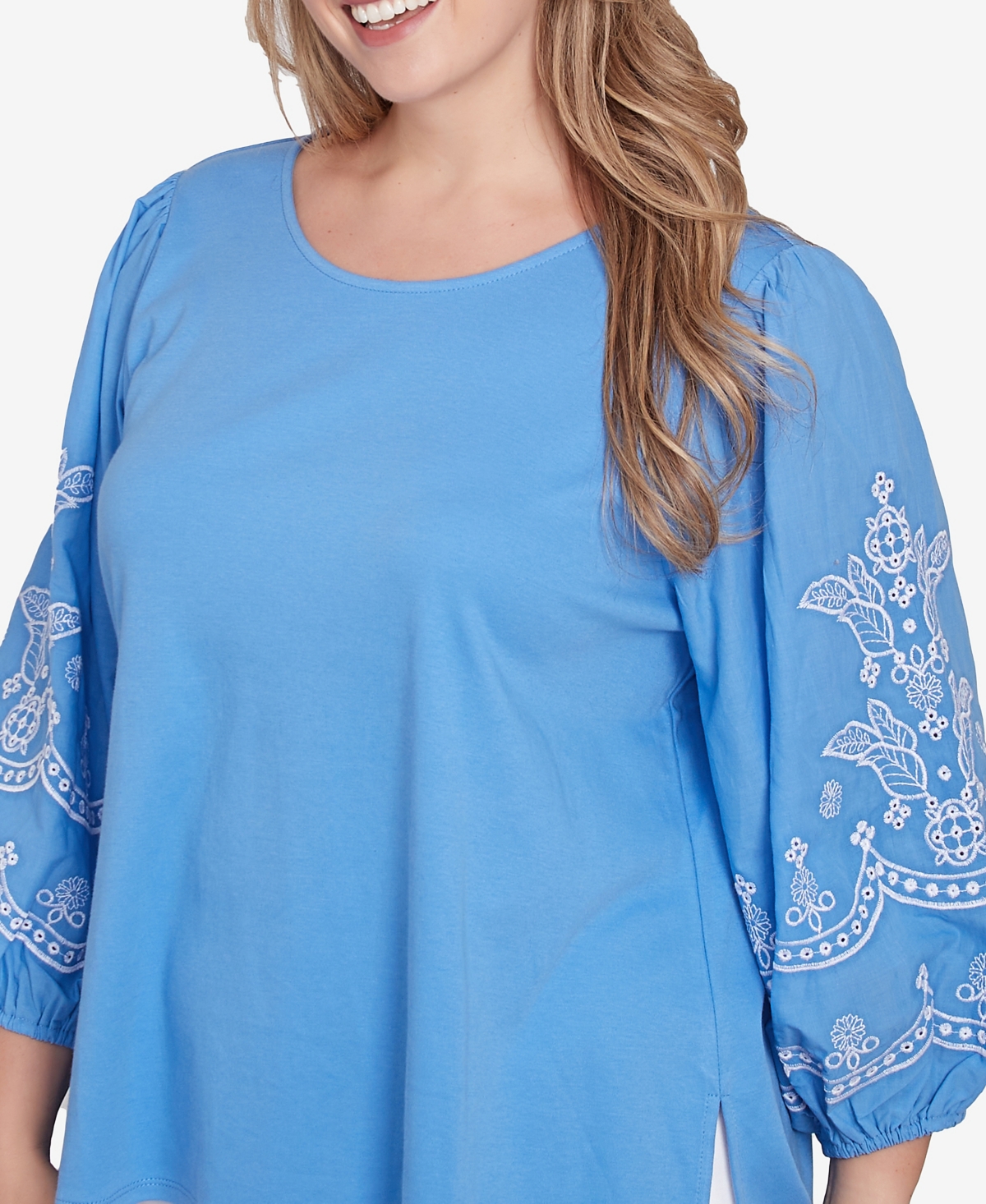 Ruby Rd. Petite Bella Blue Embroidered Three Quarter Sleeve Top In Blue Bird