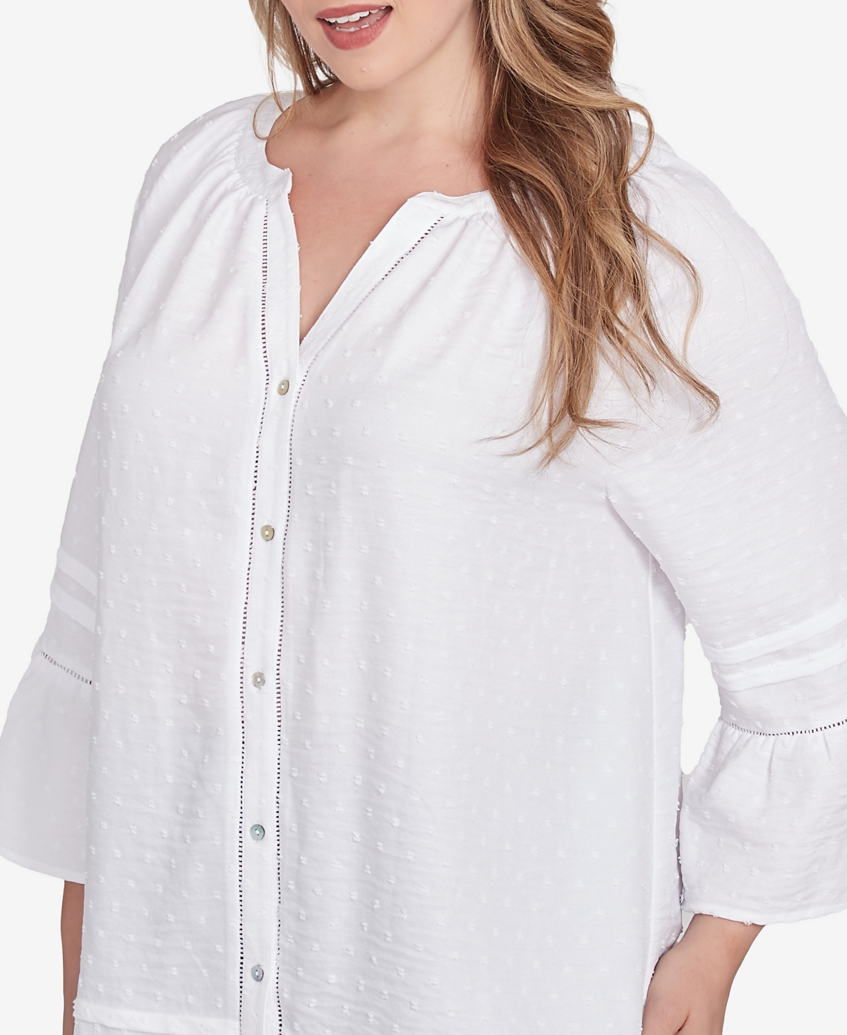 Ruby Rd. Plus Size Clip Dot Button Front Flared Sleeve Top In White