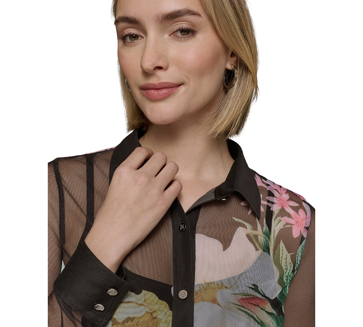Shop Karl Lagerfeld Petite Sheer Floral Button-up Shirt In Black