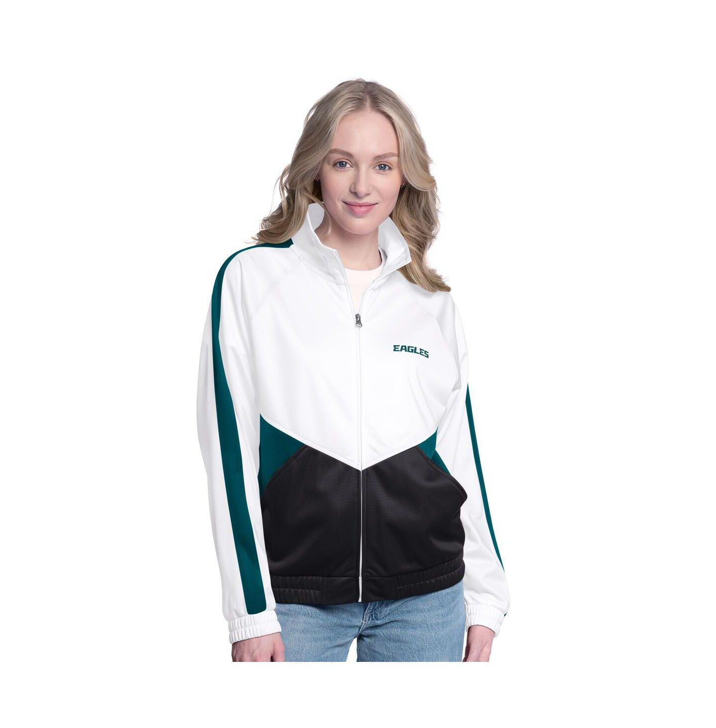Женская куртка G-III 4Her by Carl Banks White/Midnight Green Philadelphia Eagles Rally Rhinestone Full-Zip Track Jacket — фото 1
