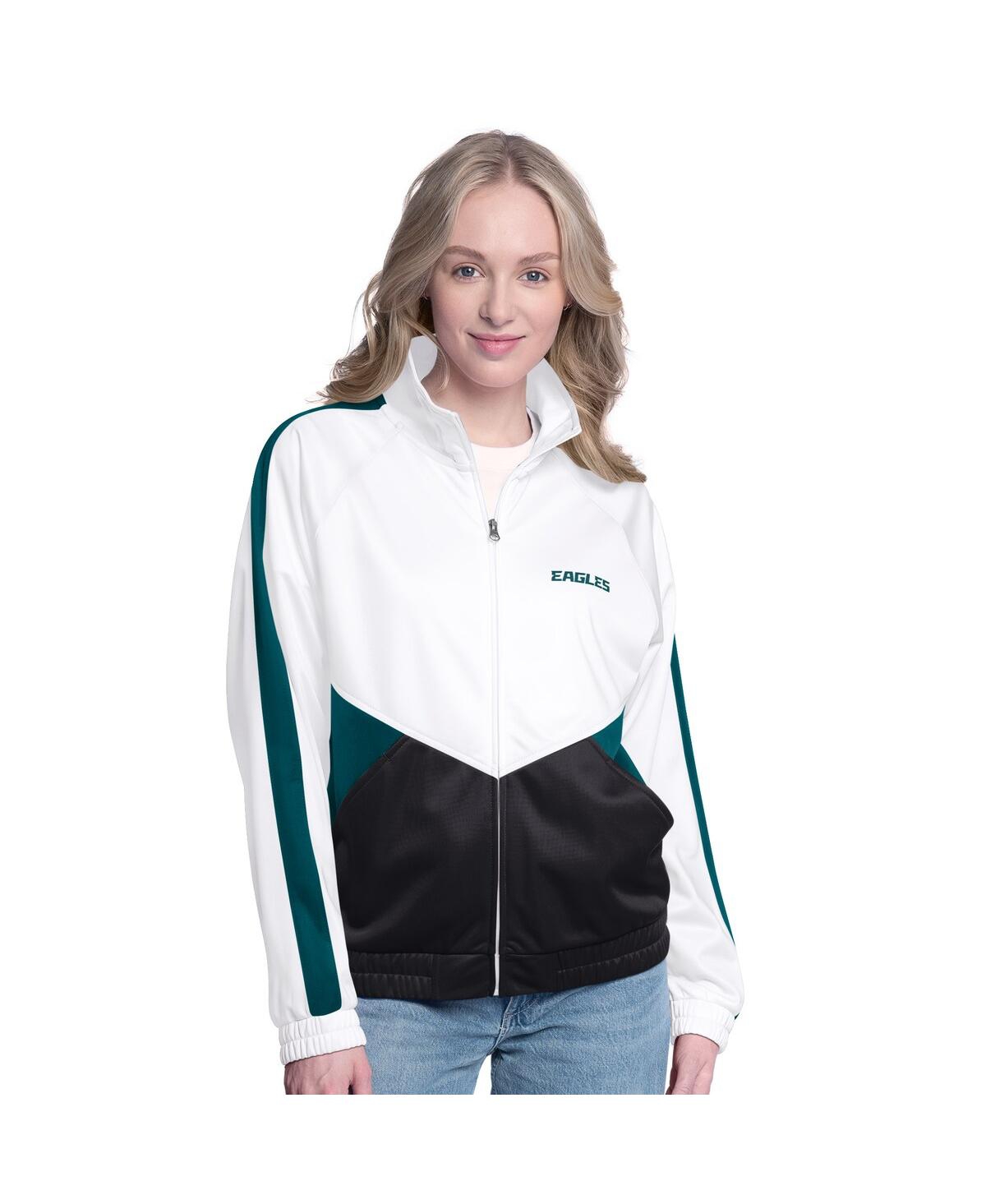 G-III 4HER BY CARL BANKS WOMEN'S WHITE/MIDNIGHT GREEN PHILADELPHIA EAGLES RALLY RHINESTONE FULL-ZIP TRACK JACKET 