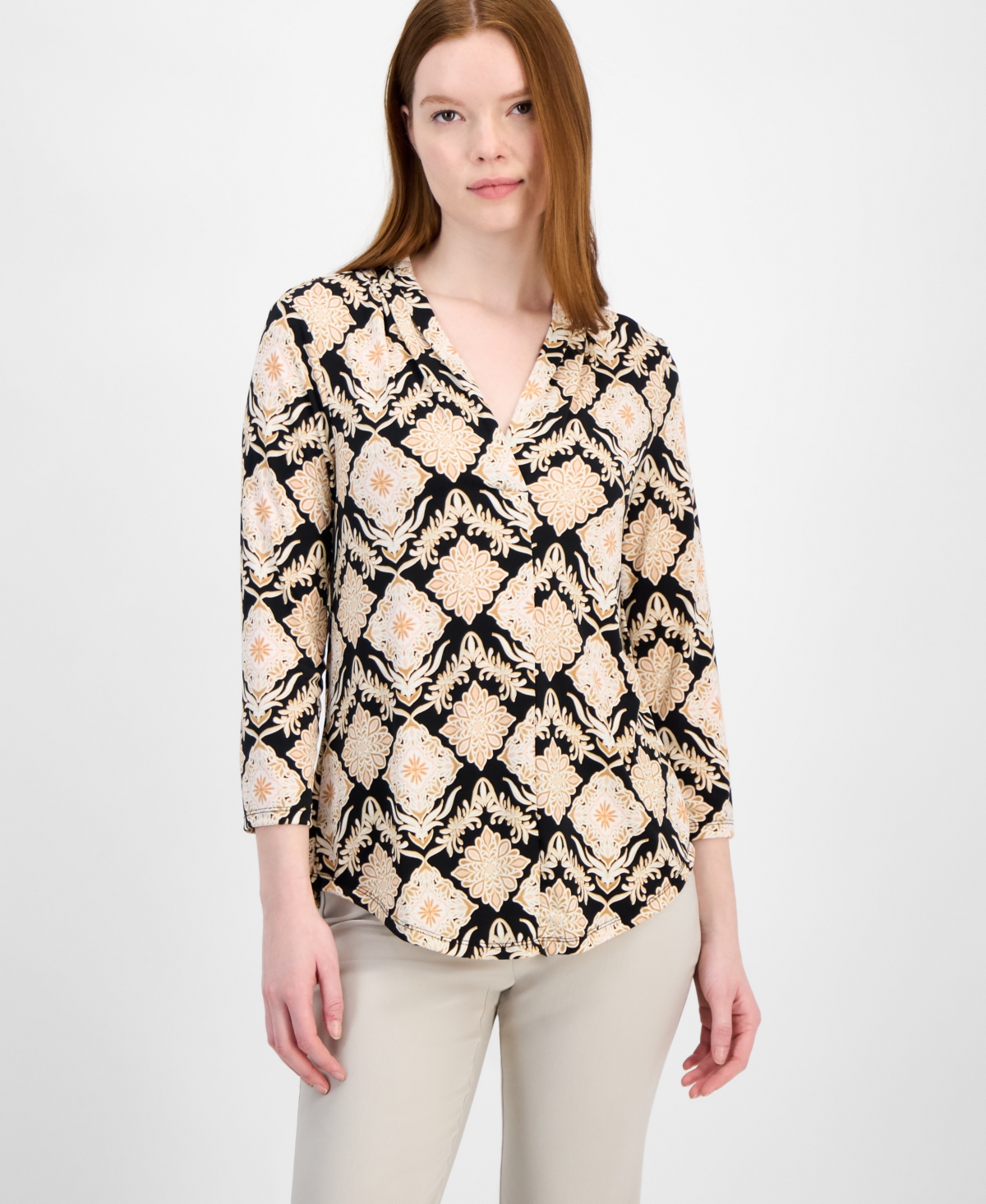 Jm Collection Women's Printed 3/4 Sleeve V-neck Knit Top, Exclusively At Macy's
