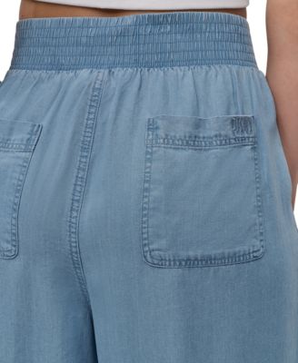 Petite Chambray Smocked-Waist Wide-Leg Ankle Pants