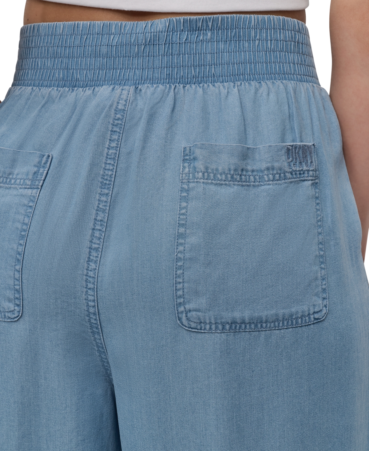 Dkny Jeans Petite Chambray Smocked-Waist Wide-Leg Ankle Pants