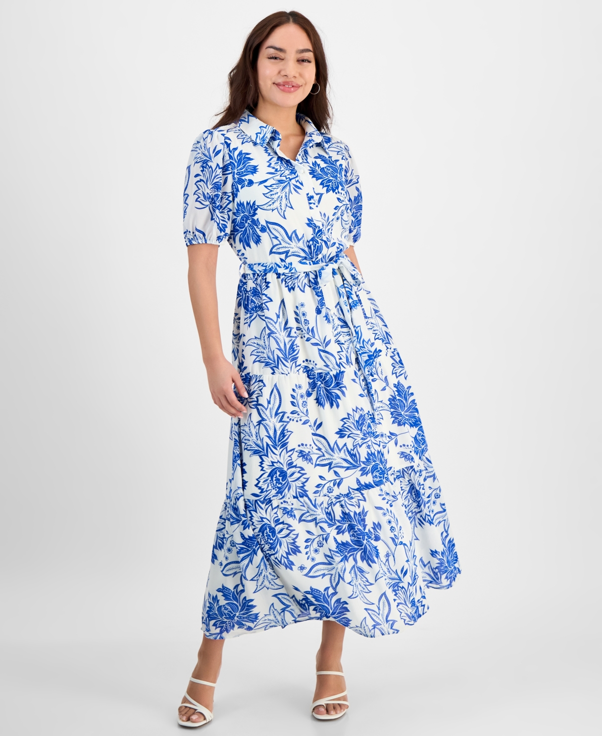Petite Floral-Print Belted Tiered Shirtdress - Blue White Floral