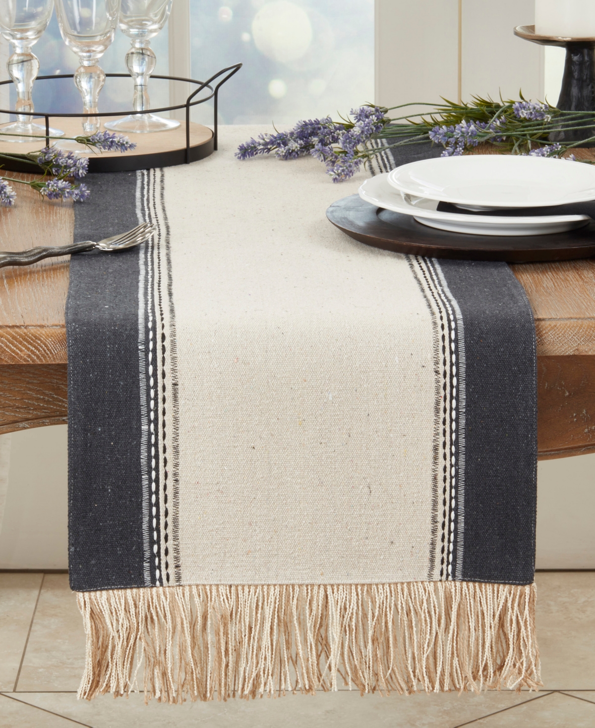 Saro Lifestyle Fringe Detail Banded Table Runner, 16" X 72" In Black,natural