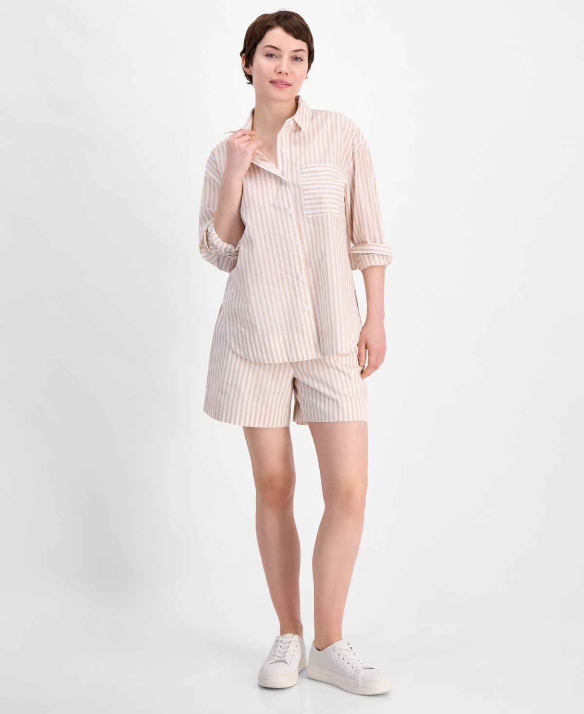 On 34th Women's Cotton Striped Button-front Shirt, Exclusively At Macy's In Multi