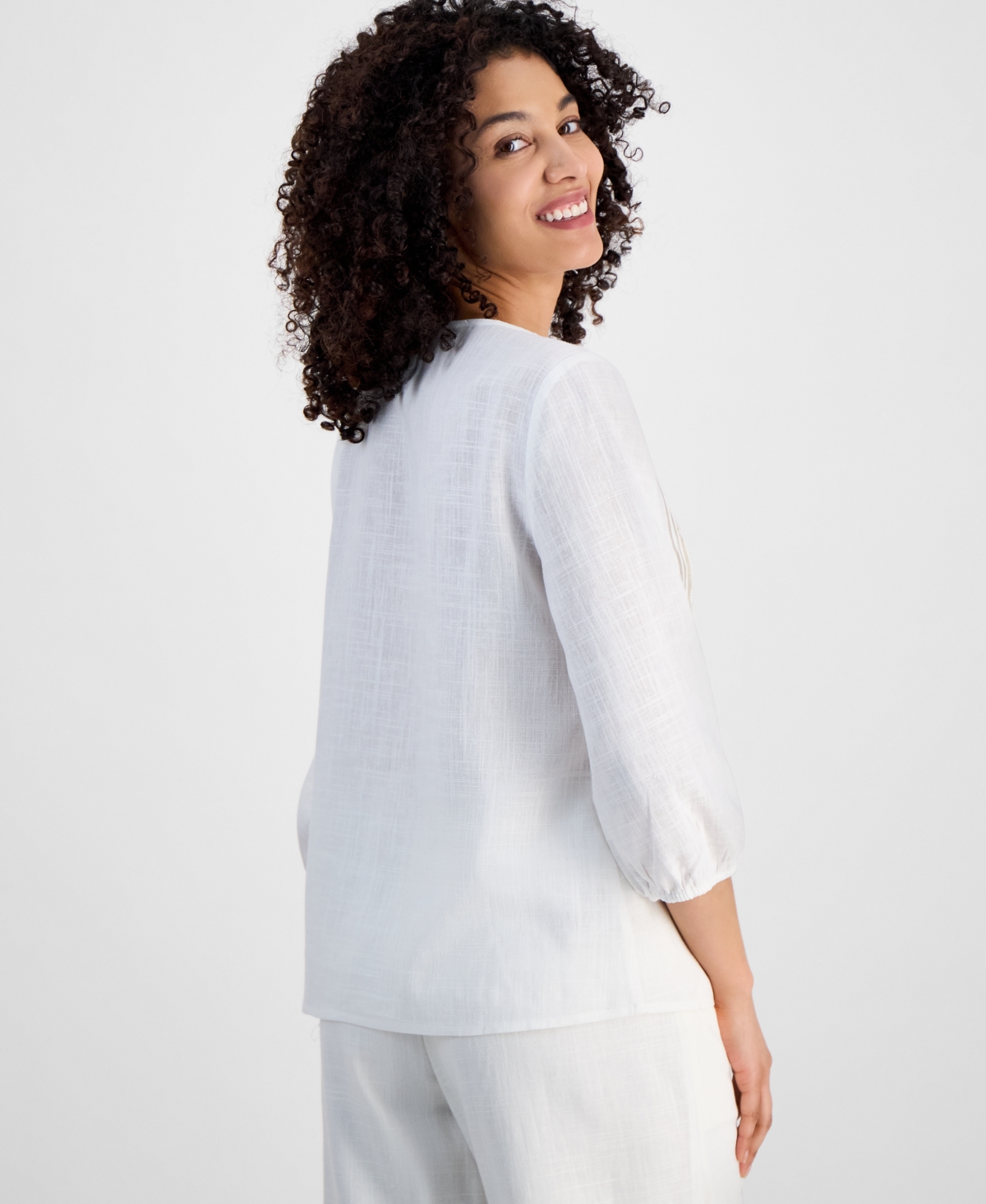 JM COLLECTION PETITE TIE-NECK EMBELLISHED PINTUCK-TRIM TOP, EXCLUSIVELY AT MACY'S 