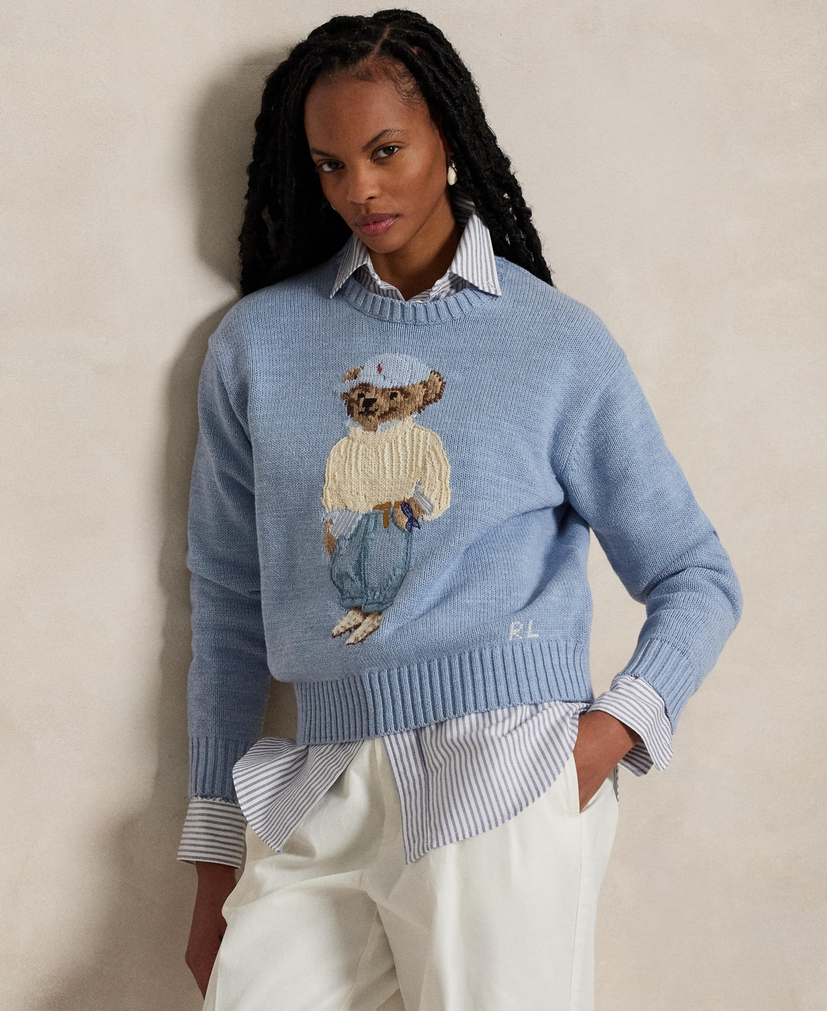Shop Polo Ralph Lauren Women's Polo Bear Crewneck Sweater In Chambray Marl