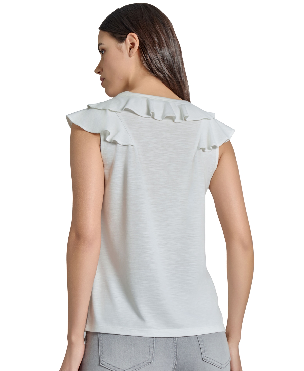 Jones New York Ruffle Neck Sleeveless Knit Top In Nyc White