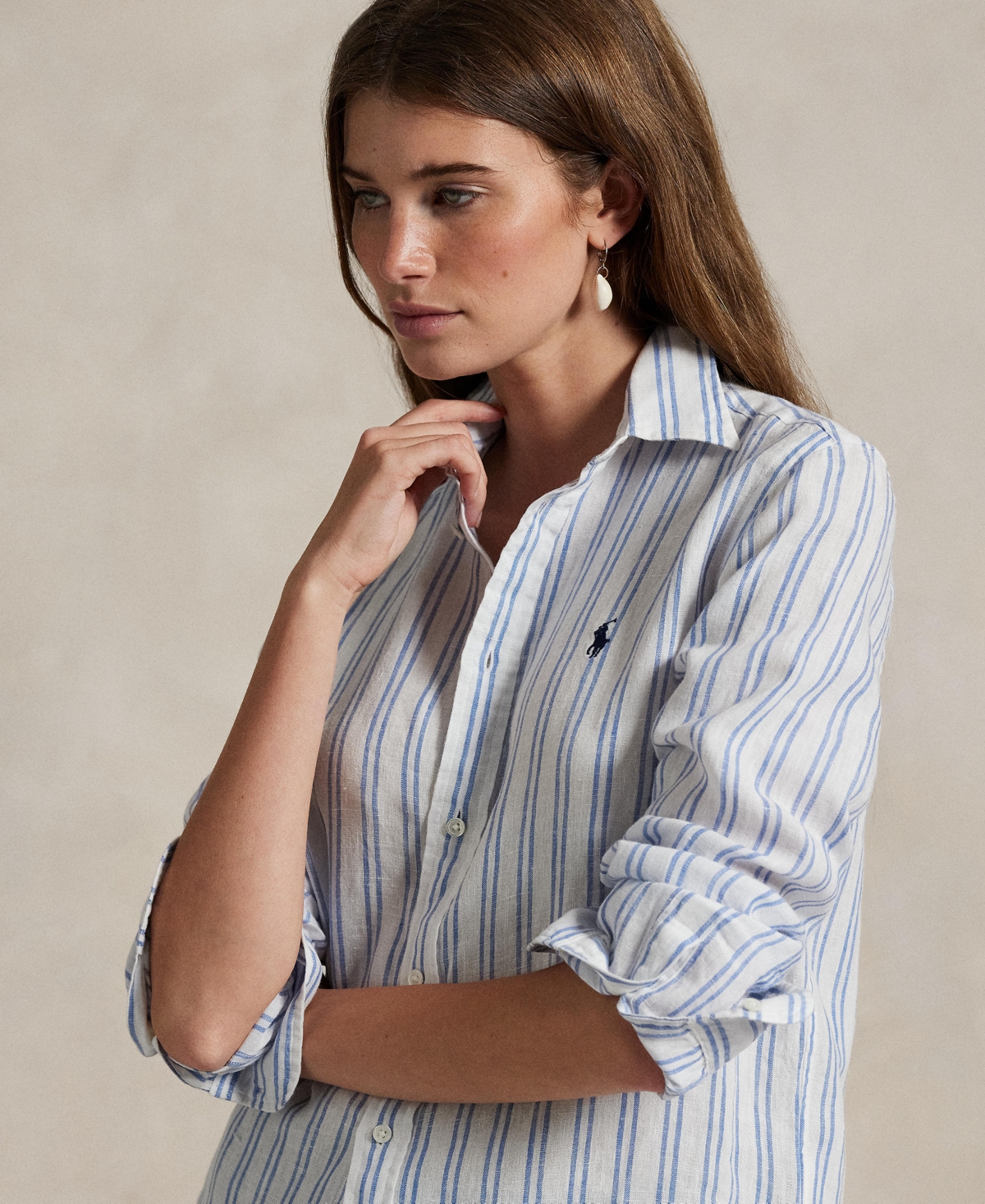 Polo Ralph Lauren Women's Classic-fit Striped 100% Linen Shirt In White,pond Blue