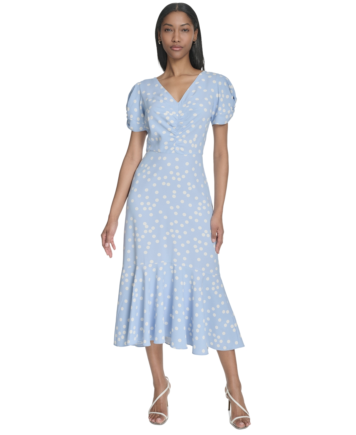HALSTON WOMEN'S DOT-PRINT RUCHED-FRONT MIDI DRESS 