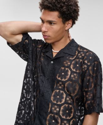 Men's Relaxed-Fit Textured Geometric Lace Button-Down Camp Shirt, Exclusively at Macy's 