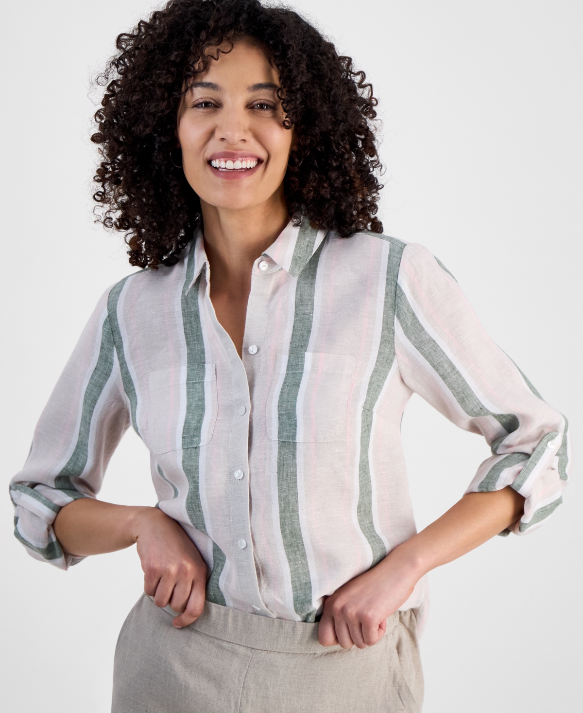 CHARTER CLUB PETITE 100% LINEN STRIPED SHIRT, EXCLUSIVELY AT MACY'S 