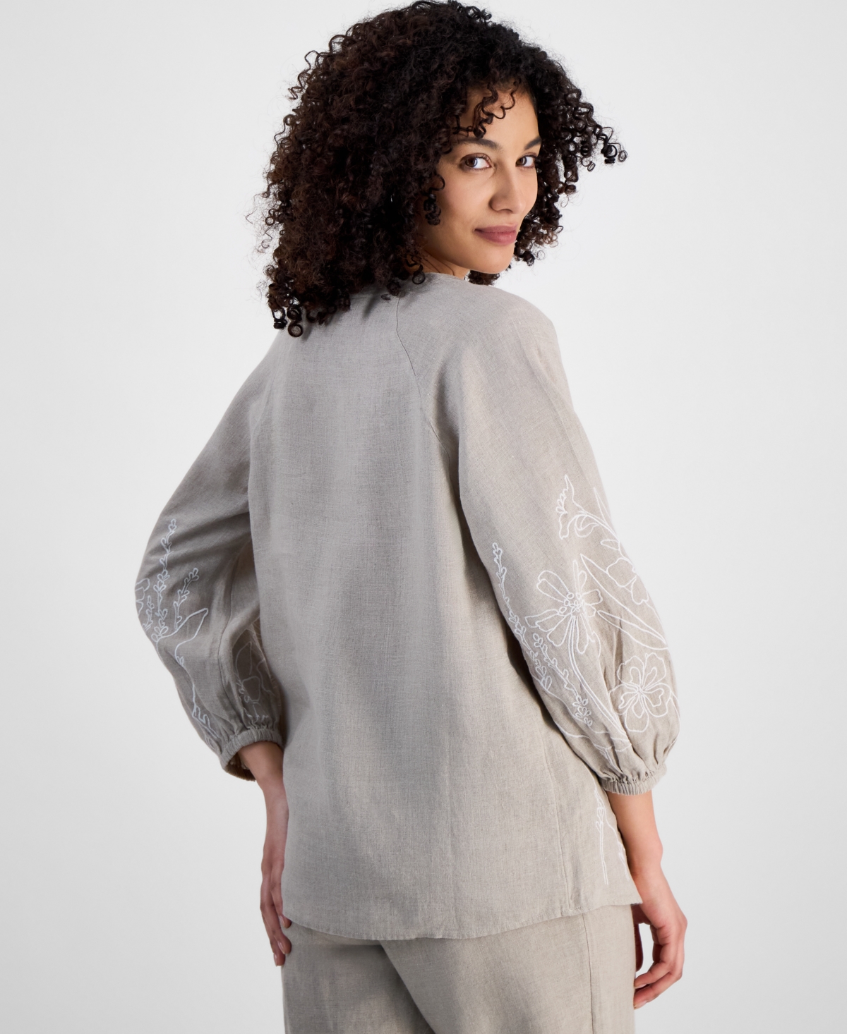 CHARTER CLUB PETITE 100% LINEN EMBROIDERED TOP, EXCLUSIVELY AT MACY'S 