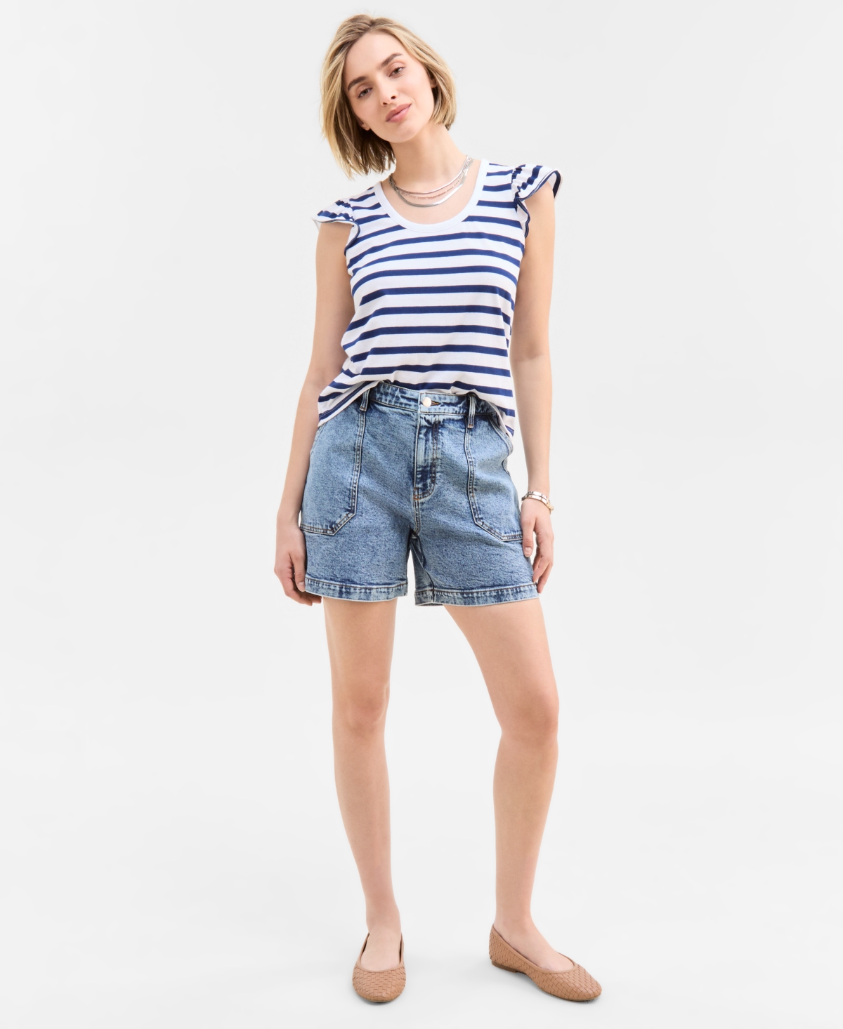 Women's High Rise Utility Midi Denim Shorts, Exclusively at Macy's - Tinted Light Medium
