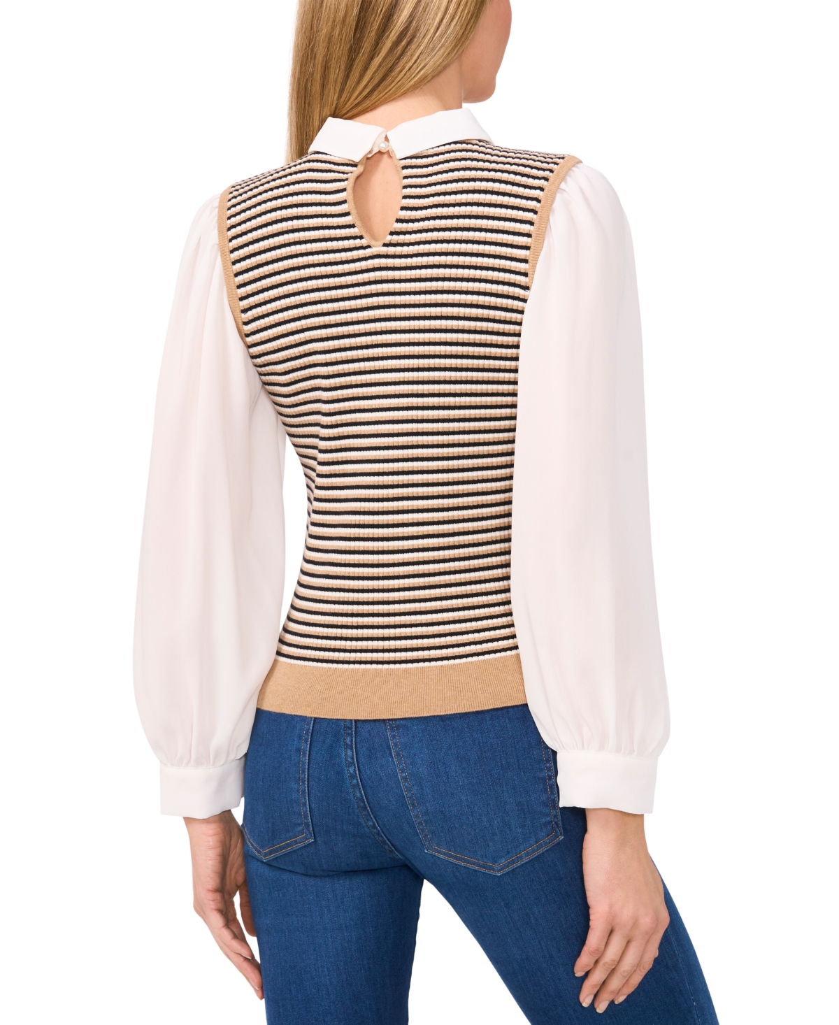 Cece Thin Stripe Mixed Media Sweater Top In Latte Heather