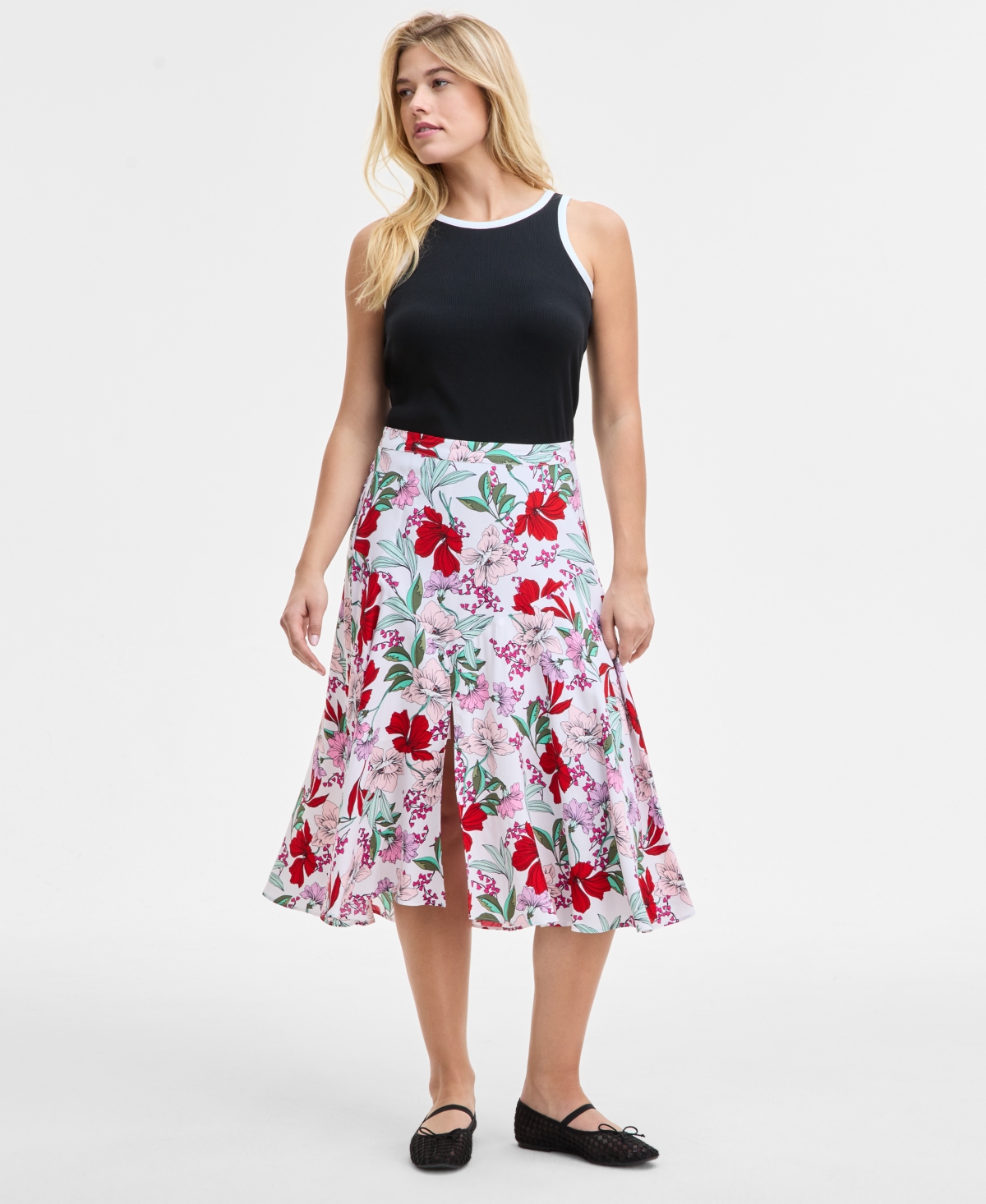 Women's Printed Slit Midi Skirt, Exclusively at Macy's - Bright White Combo