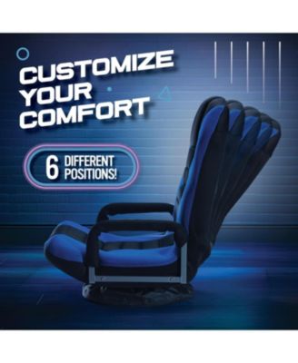 Swivel Gaming Floor Chair - Enjoy 6 Different Positions, Adjustable Lumbar Support, Removable Polyester Cover & Arm Rests, Folds to Store, Stylish Blue with Black Center Stripe