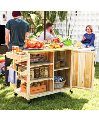 Grill Cart, Stainless Steel Top Kitchen Island, Natural Wood