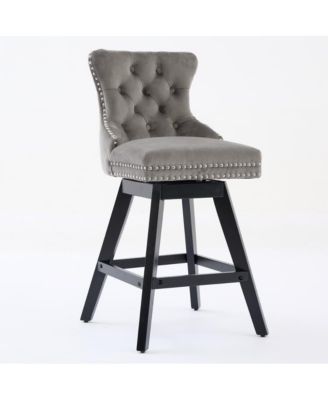 2-Piece Counter Stool Set, Velvet Upholstery with Tufted Back, Nailhead Trim and Wooden Legs, Swivel Bar Stools