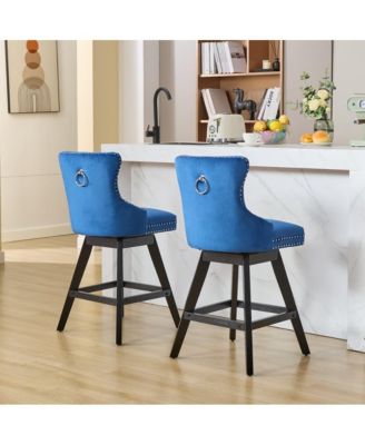 2-Piece Counter Stool Set, Velvet Upholstery with Tufted Back, Nailhead Trim and Wooden Legs, Swivel Bar Stools