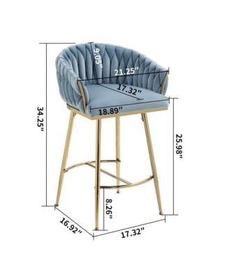 Set of 2 Counter Stools – 26" Velvet Upholstered with Hand-Wave Back, Metal Legs & Footrest