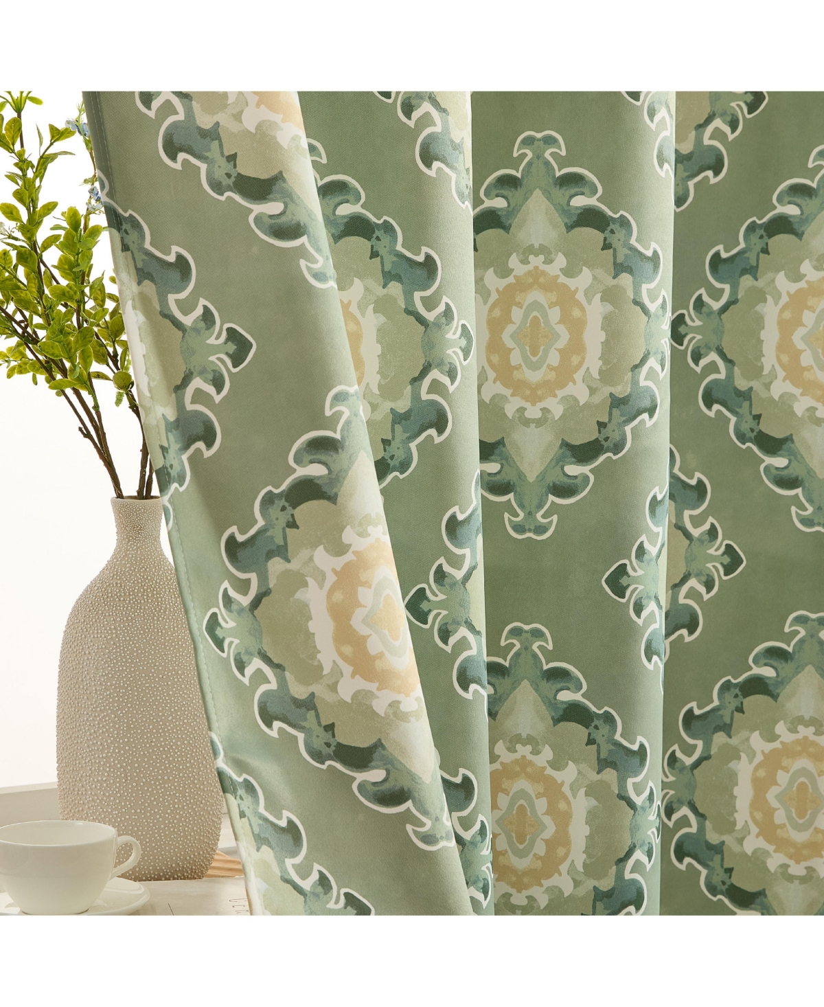 Hlc.me Liam Ogee Ikatt Damask Patterned Window Grommet Curtains Bedroom - Light Blocking Darkening Window Panels, Set of 2 (Sage Green