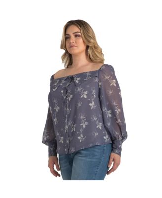 Plus Size Floral Print Long Sleeve Button Down Off-The-Shoulder Blouse
