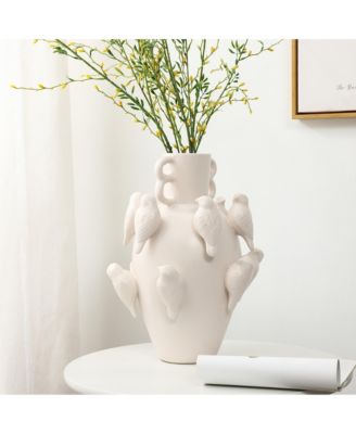 Classic White Ceramic Modern Birds 14.4-Inch Tall Vase