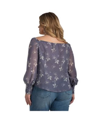 Plus Size Floral Print Long Sleeve Button Down Off-The-Shoulder Blouse