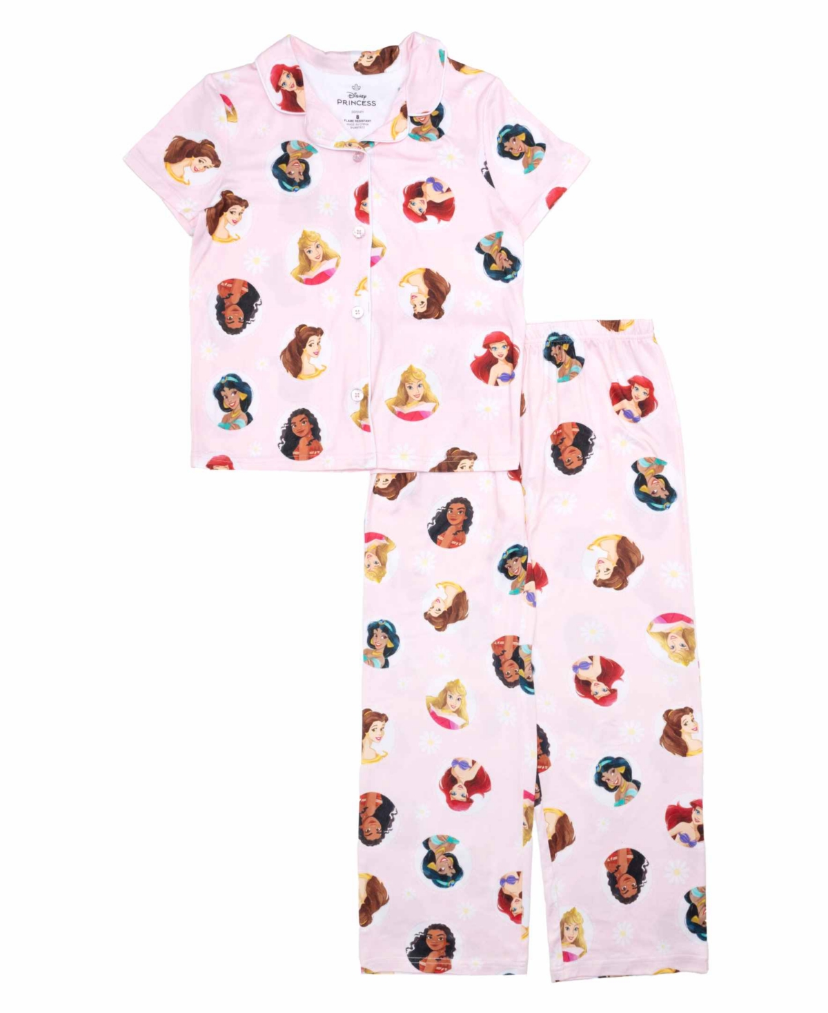 Disney Princess Kids' Little And Big Girls Short Sleeve Button Down Sleep Shirt And Open Leg Pant, 2-piece Pajama Set In Assorted