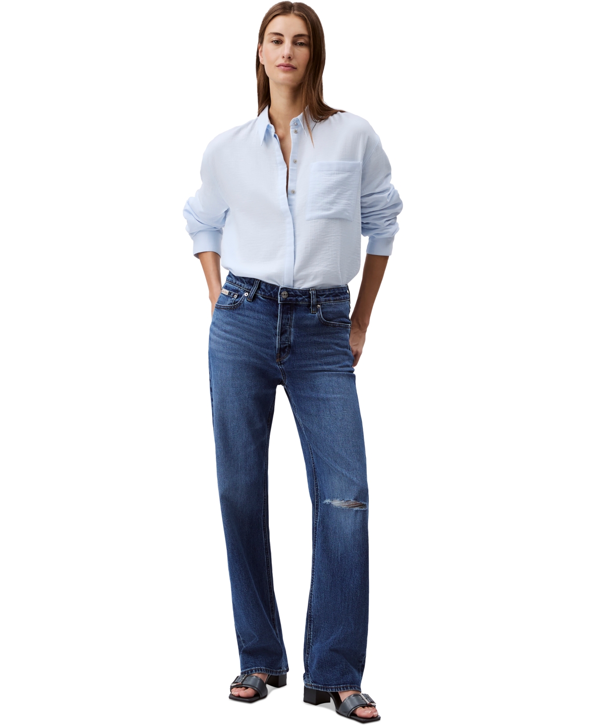 Calvin Klein Jeans Est.1978 Women's Double Gauze Roll-tab-sleeve Button-down Shirt In Blue
