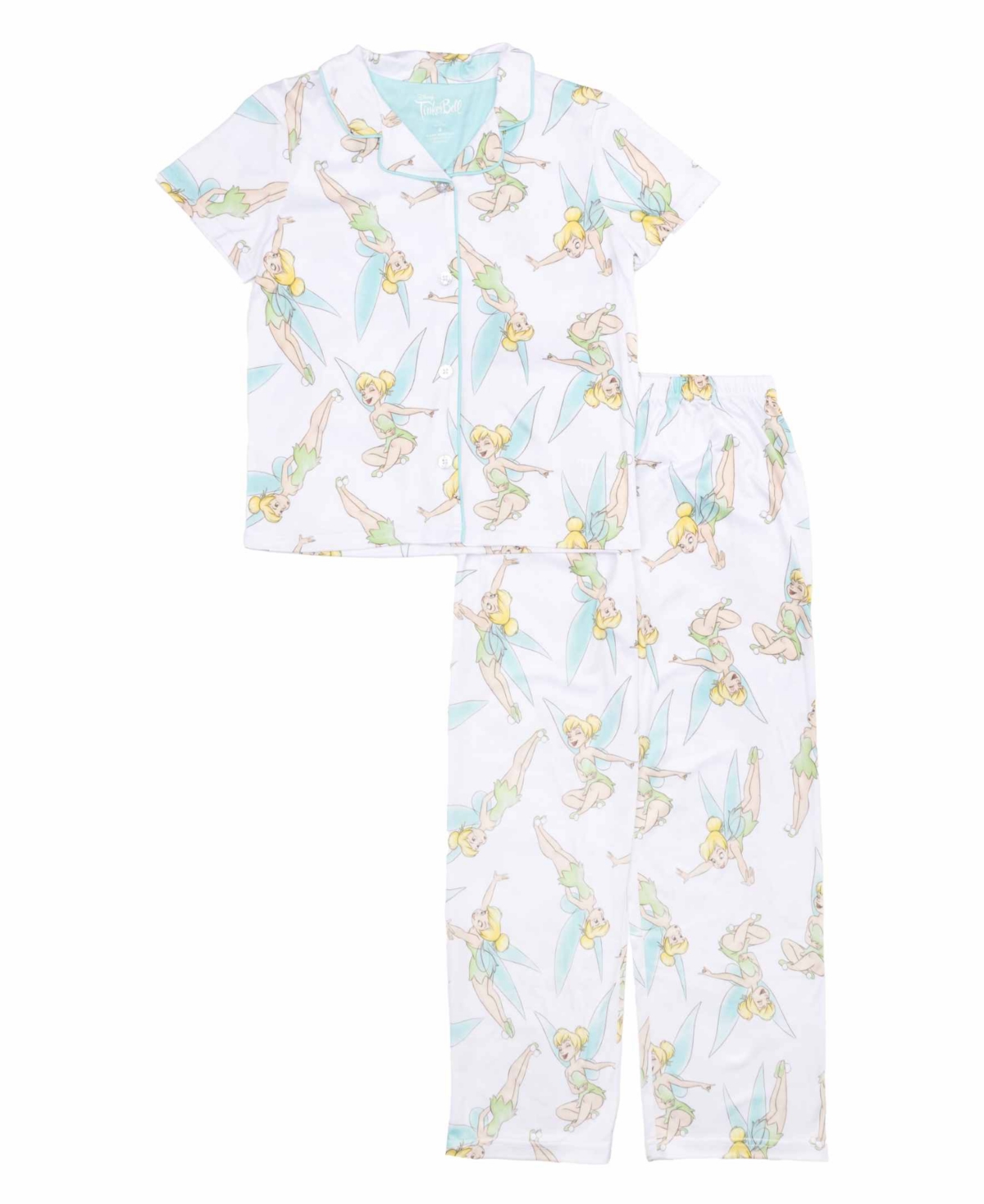 Tinkerbell Little And Big Girls Short Sleeve Button Down Sleep Shirt And Open Leg Pant, 2-piece Pajama Set In Assorted
