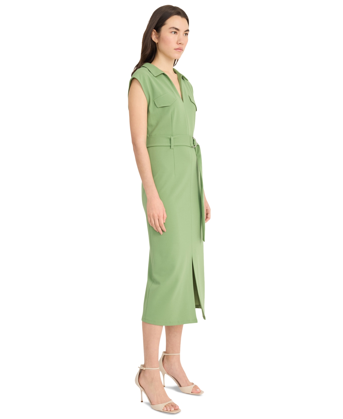 Donna Morgan Women's Belted Split-neck Midi Dress In Green