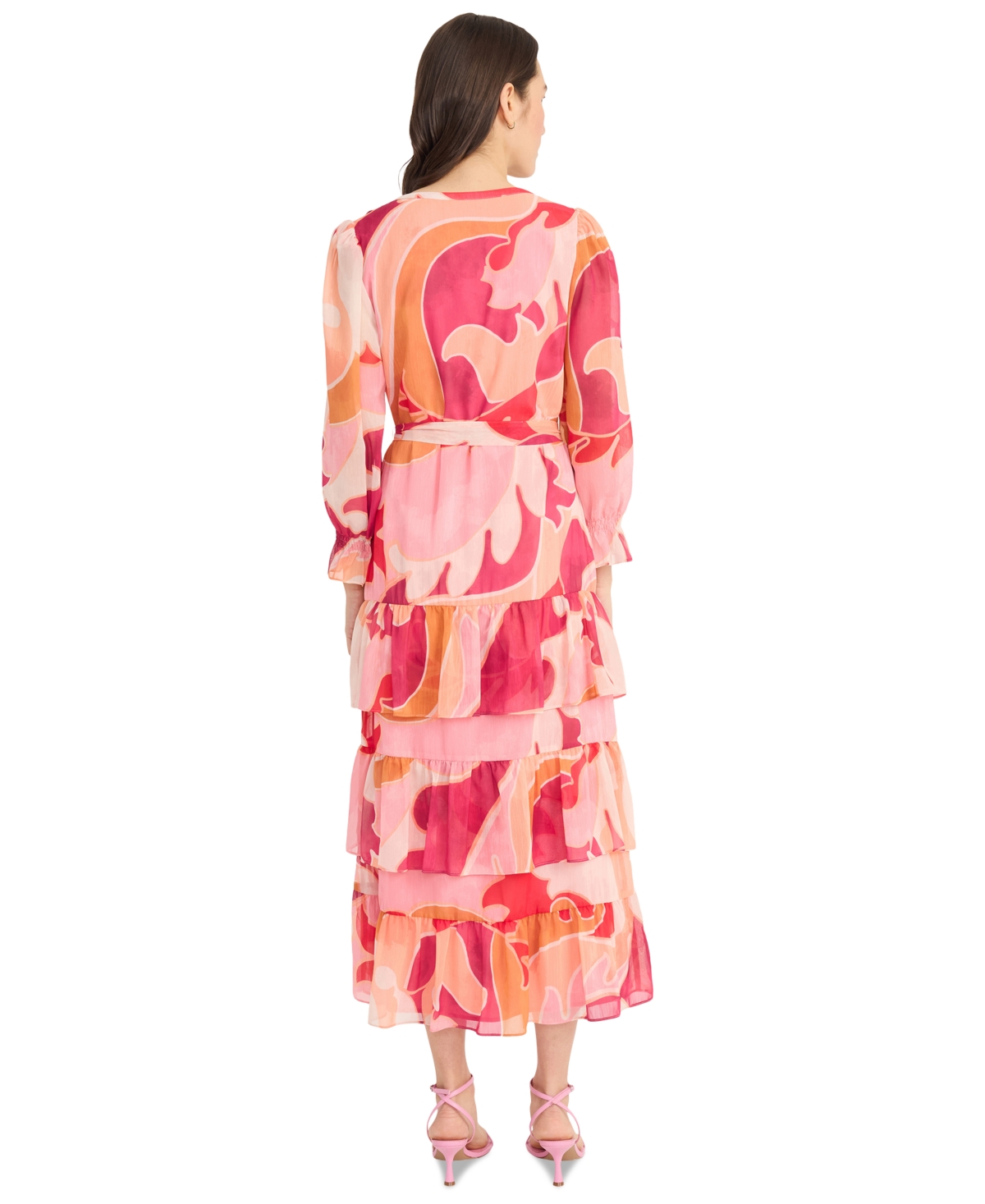 Donna Morgan Women's Floral-print Belted Tiered Shirtdress In Cream,magenta