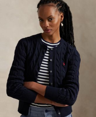 Women's Cable-Knit Cotton Crewneck Cardigan Sweater