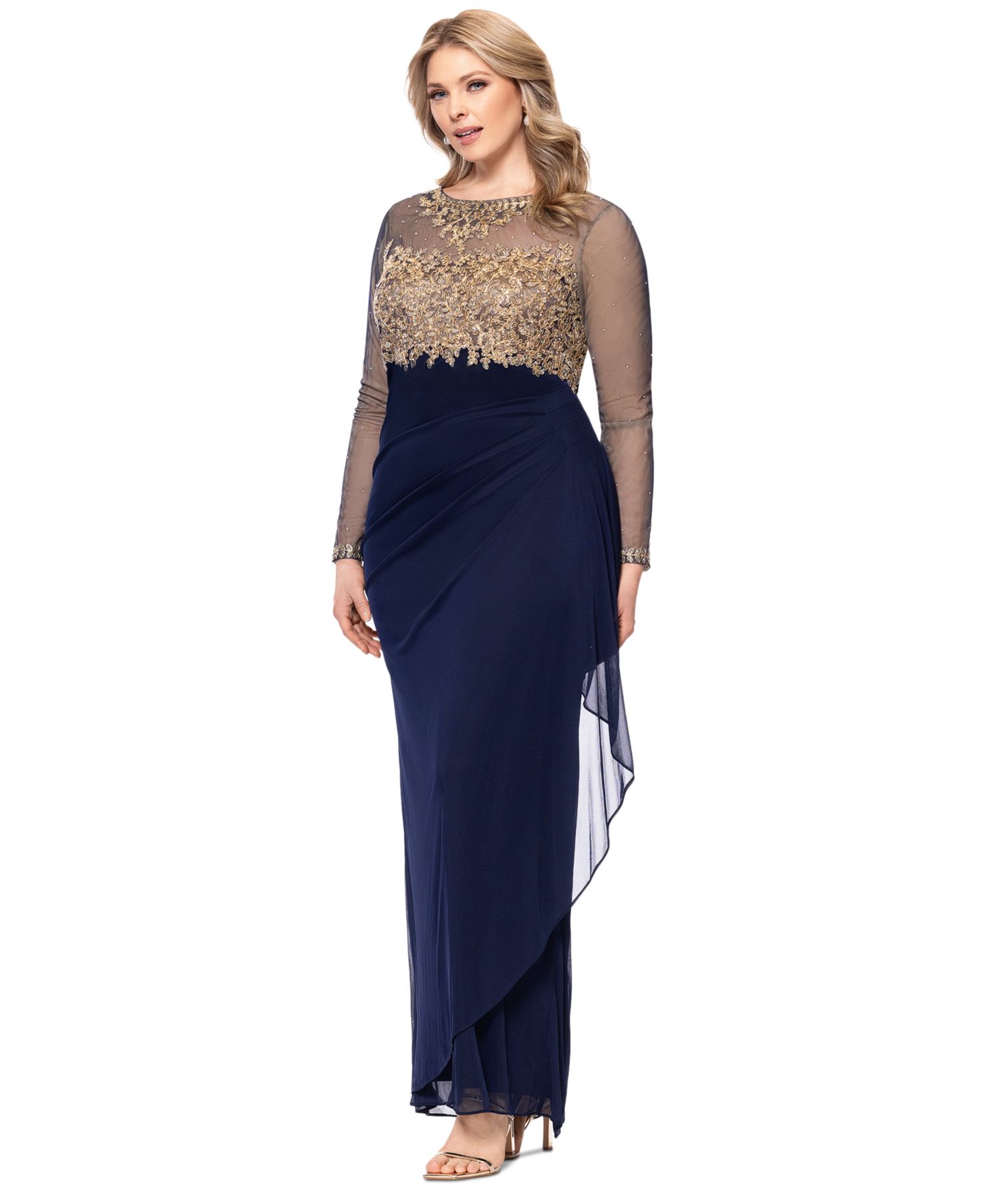 Женские платья XSCAPE Plus Size Embroidered Illusion Gown, цвет: Тёмно-синий / Золотой — фото 3