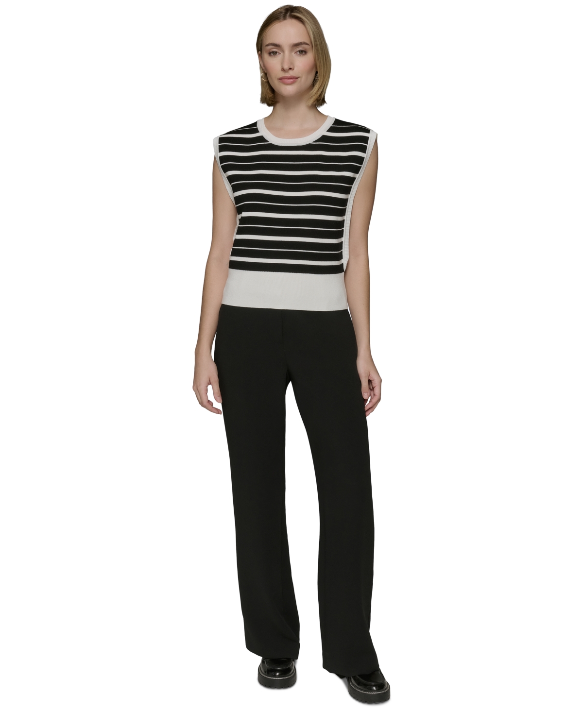 Shop Karl Lagerfeld Petite Striped Sleeveless Sweater In Xsf-black,soft White