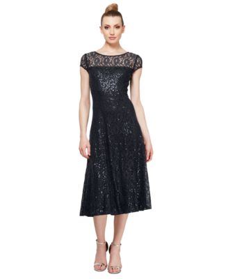 Petite Sequined Lace Cap-Sleeve Dress