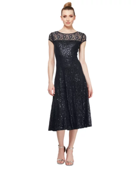 Petite Sequined Lace Cap-Sleeve Dress - Black