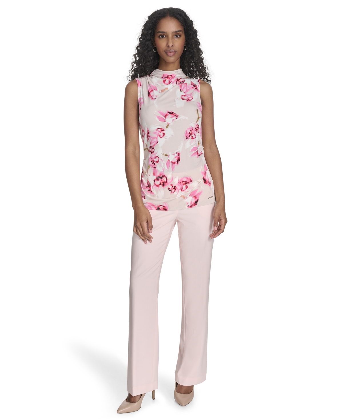 Shop Calvin Klein Women's Printed Mock Neck Sleeveless Top In Soft Taupe Multi